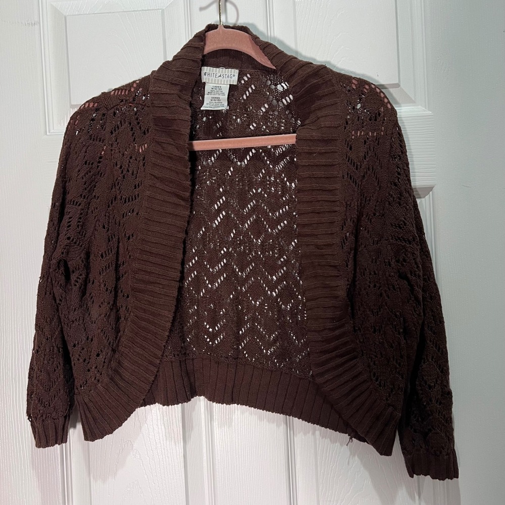 White Stag Open Knit Cardigan Womens M Warm Chocolate Brown 3/4 Sleeve Sweater